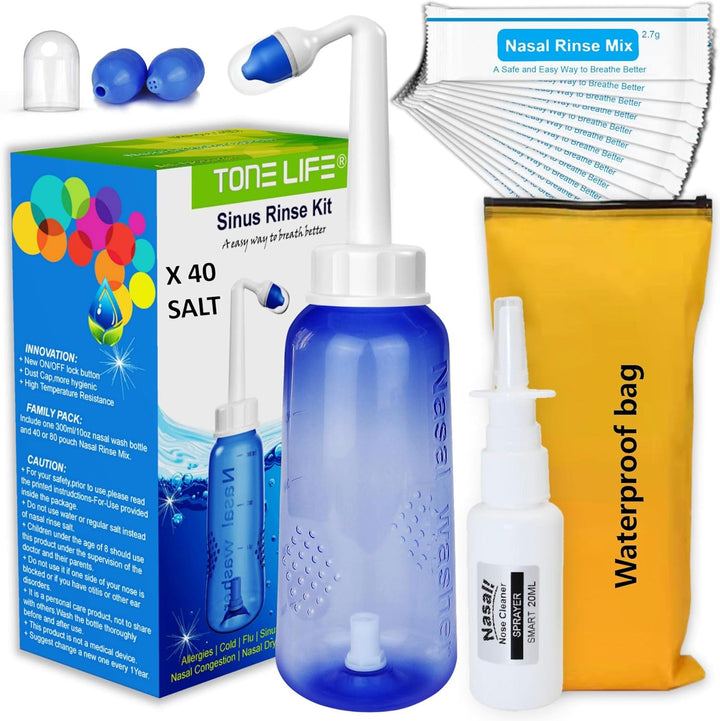 Neti Pot,Sinus Rinse Kit + 40Packets Nasal Salt+ Moisturizing Nasal Sprayer- Neti Pot Sinus Rinse -Sinus Rinse-300Ml Nasal Rinse Kit with Sinus Rinse Sachets Travel Bag for Adult Kids