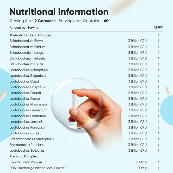 Bio Cultures Complex Probiotics & Prebiotics - 60 Billion CFU - 2 Months Supply - 120 Capsules - 20 Live Bio Cultures - Lactobacillus & Bifidobacterium Strains - Vegan Probiotic Complex Capsules