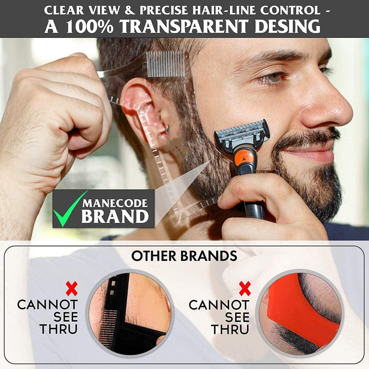 Men'S Beard Shaping Tool with Inbuilt Comb Transparent Template Styling Comb Templates for Goatee Mustache Sideburns, Jaw Cheek/Neck Line, Symmetric/Curve/Step Cut (Clear)