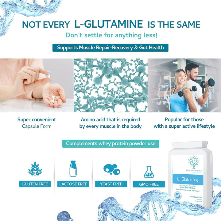 L-Glutamine 500Mg 90 Capsules - Pure Amino Acid with No Fillers or Binders - Suitable for Vegetarians and Vegans – Exclusively Manufactured in the UK