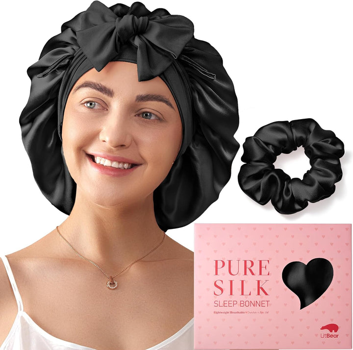 100% Mulberry Silk Bonnet for Sleeping Women, 22 Momme Double-Layered Grade-6A Silk Hair Bonnet for Sleeping, Hair Cap for Sleeping with Tie Band on Head, Includes Scrunchie(Pink)