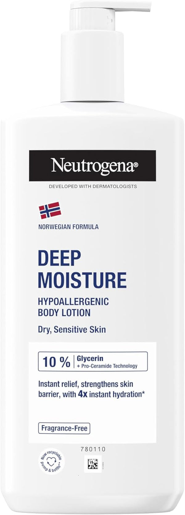 Norwegian Formula Deep Moisture Hypoallergenic Body Lotion (1X 400Ml), Fragrance-Free Hypoallergenic Body Moisturiser for Sensitive and Dry Skin, Provides 48-Hour Moisturisation