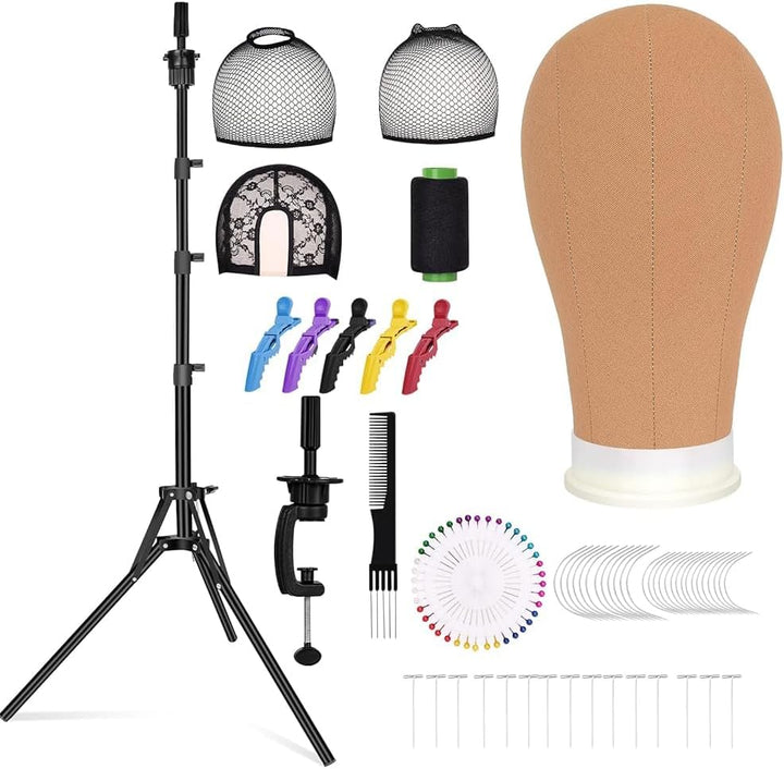 63In Wig Stand Tripod with 22In Head, Canvas Wig Head Stand with Mannequin Head for Wigs Manikin Head Block Set for Wigs Making Display,Beige