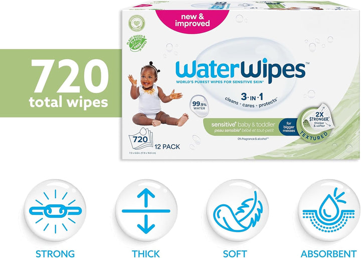 Sensitive+ Baby & Toddler Wipes, 720 Count (12 Packs), 3-In-1 Cleans, Cares, Protects, 99.9% Water, Textured Clean, Unscented