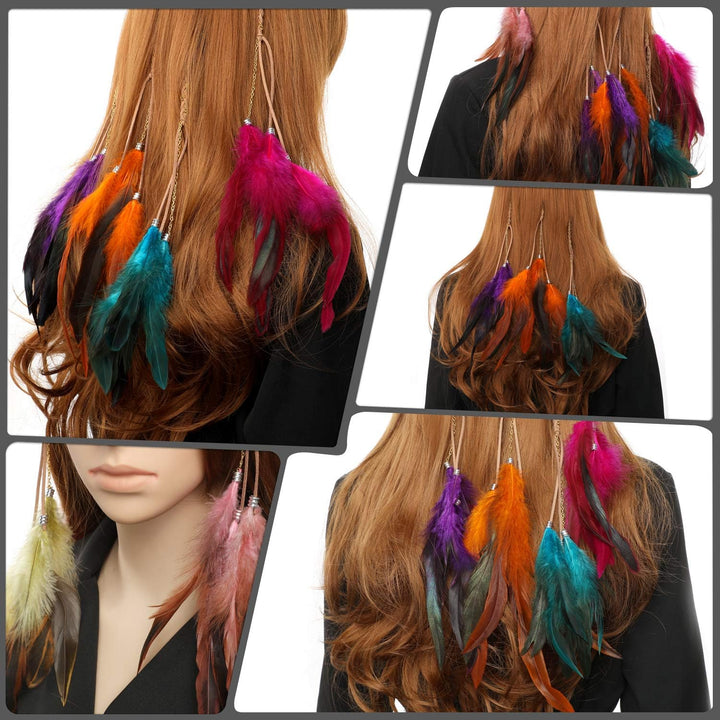 6Pcs Feather Hair Clips, Handmade Boho Hair Extensions with Clip Comb, Bohemian Hippie Hairpin Feather Indian Tassel Hemp Rope Festival Headwear Cosplay Headdress Accessories - Chain Styles