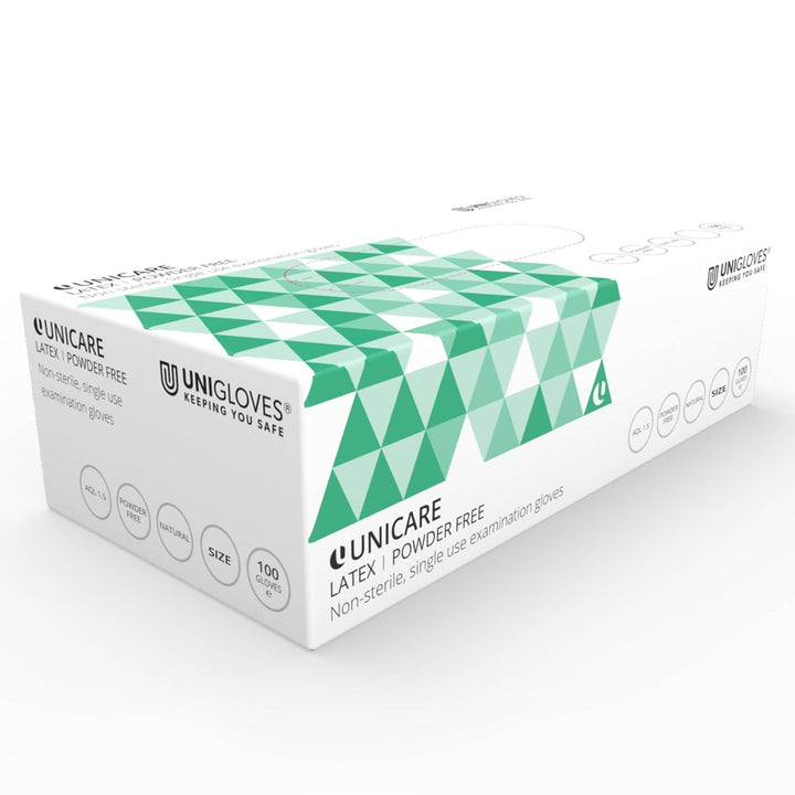 Unicare Latex GS0013 Examination - Multipurpose, Powder Free Disposable Gloves, Box of 100 Gloves, Natural, Medium
