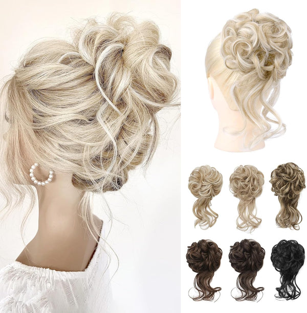 Messy Bun Hair Piece, Tousled Updo Elastic Hair Bun Hairpiece for Women Synthetic Donut Accessories Scrunchies - Light Ash Blonde with Highlights
