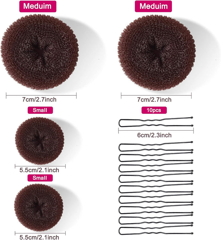 Hair Donuts for Buns,  4Pcs Hair Bun Maker Shaper Set with 10Pcs Bobby Pins for Dancer Ballerina, Brown