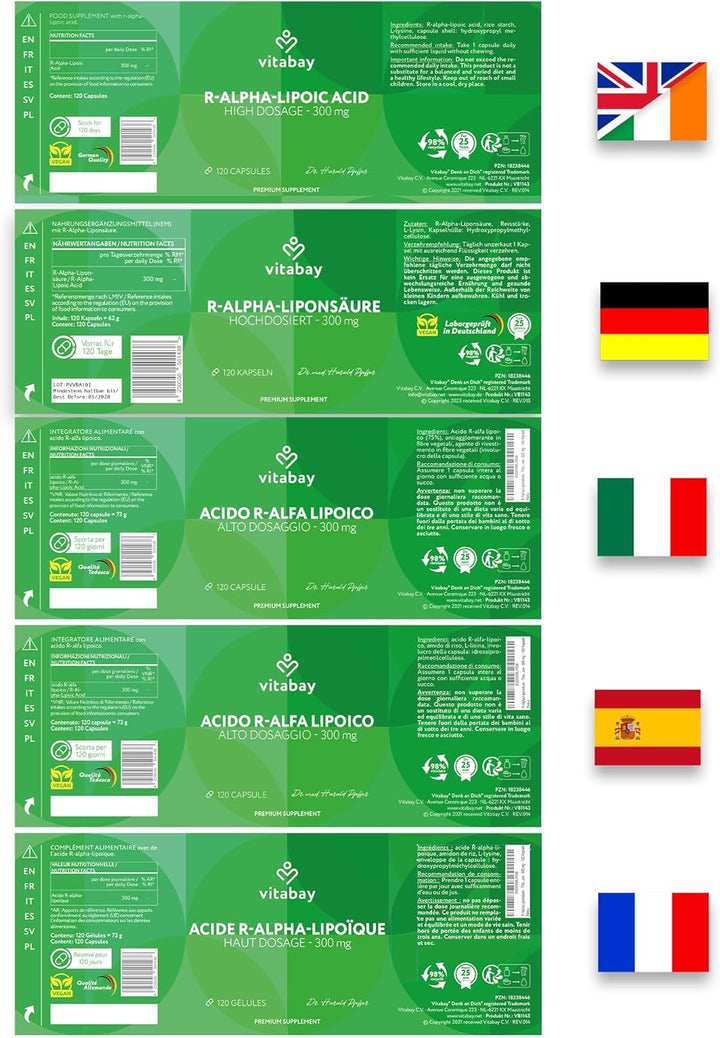 R-Alpha Lipoic Acid 300 Mg – 120 Vegan Capsules – ALA Supplement without Unnecessary Additives – Laboratory Tested in Germany