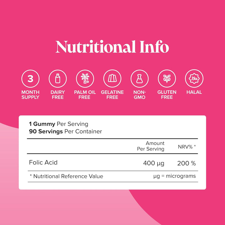 Folic Acid Gummies - 3 Month Supply of Folic Acid - High Strength 400 MCG - Prenatal Pregnancy Gummies Health & Maternal Tissue Growth during Pregnancy -