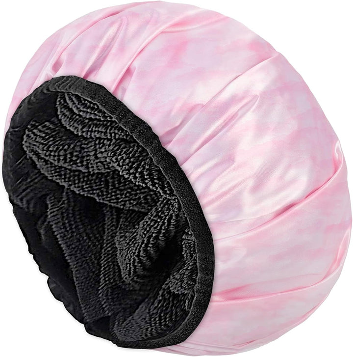 Shower Cap,Extra Large Triple Layer Bathing Cap with Dry Hair Function for Women Microfiber Terry Cloth Silky Satin 100% Waterproof Reusable Long Hair Bath Caps