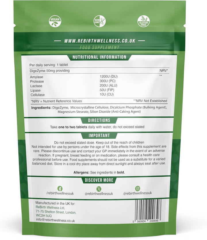 Digestive Enzyme Supplements - 120 Tablets for Optimal Gut Health - Contains Digezyme, Lactase, Protease - Promotes Healthy Digestion, Essential Digestive Enzymes - UK Made, Vegan