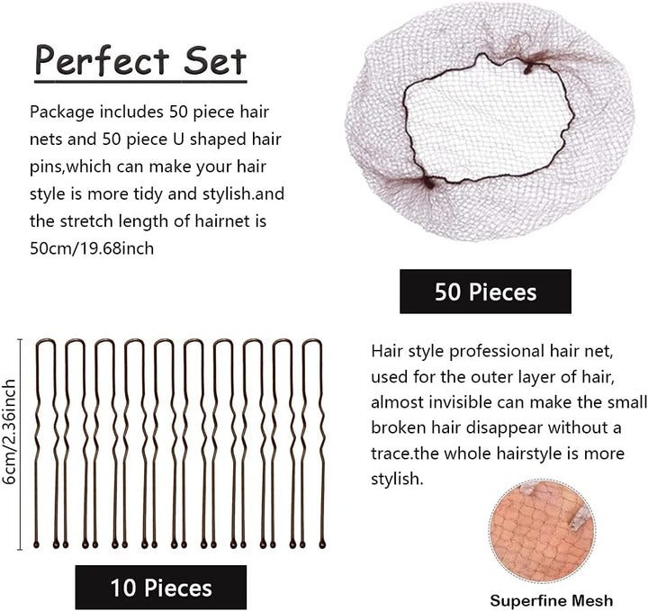 Brown Hair Nets for Buns Kit - 50PCS 50Cm Ballet Bun Nets and 10 PCS U Shaped Bobby Pins, Individual Package, Elastic Edge Mesh for Girls Women Dance Catering Working