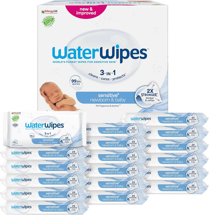 Sensitive+ Newborn & Baby Wipes, 720 Count (12 Packs), 3-In-1 Cleans, Cares, Protects, 99.9% Water, Unscented