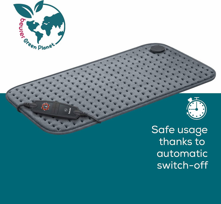 HK123 Green Planet Heating Pad, Made in Europe, Top and Bottom Made from 100% Recycled Material, Cuddly Soft, 60 X 30 Cm, 6 Temperature Levels and Automatic Shut-Off, Machine Washable, Grey