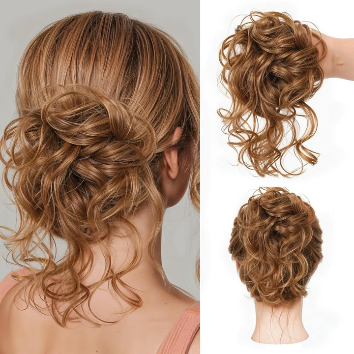 Messy Bun Hair Piece, Curly Wavy Hair Buns Hair Piece - Tousled Updo Fake Hair Bun - Synthetic Messy Bun Scrunchie Hairs Pieces for Women Girls (Brown Black)