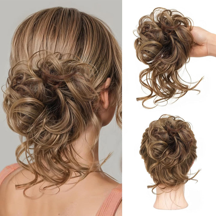 Messy Bun Hair Piece, Curly Wavy Hair Buns Hair Piece - Tousled Updo Fake Hair Bun - Synthetic Messy Bun Scrunchie Hairs Pieces for Women Girls (Brown Black)