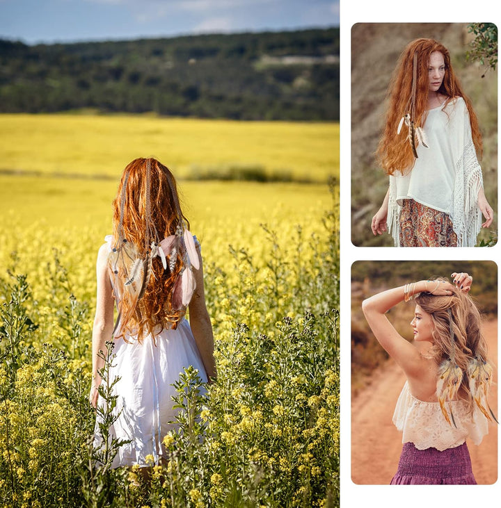 6Pcs Feather Hair Clips for Women, Bohemian Hair Extensions with Clip Comb, Indian Tassel Hemp Rope Braided Beads Headdress, Handmade Hair Accessories for Halloween Party Costume Decoration