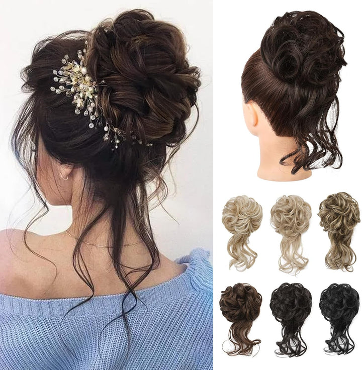Messy Bun Hair Piece, Tousled Updo Elastic Hair Bun Hairpiece for Women Synthetic Donut Accessories Scrunchies - Light Ash Blonde with Highlights