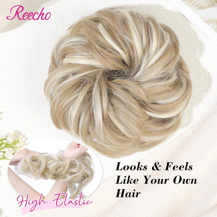 Messy Bun Hair Piece, Tousled Updo Elastic Hair Bun Hairpiece for Women Synthetic Donut Accessories Scrunchies - Light Ash Blonde with Highlights