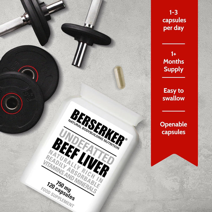 Berserker Desiccated Beef Liver Supplement 750Mg per Capsule 120 Capsules, Un-Defatted to Provide Full Absorption of Naturally Occurring Vitamins and Minerals Found in Beef Liver | Made in the UK