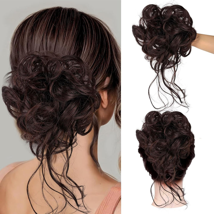 Messy Bun Hair Piece, Curly Wavy Hair Buns Hair Piece - Tousled Updo Fake Hair Bun - Synthetic Messy Bun Scrunchie Hairs Pieces for Women Girls (Brown Black)