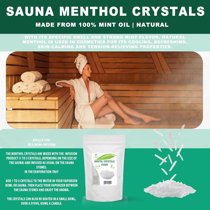 Menthol Crystals - 100 Gr - Cooling and Freshening Effect, Used as Ingredient in Cosmetic Formulation, Sauna Accessories, Sauna Infusion, 100% Natural Mint Oil