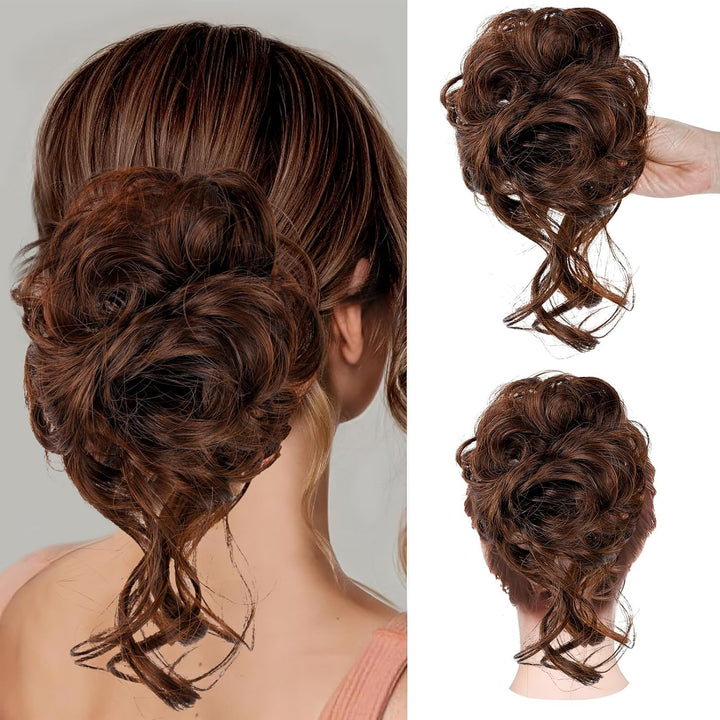 Messy Bun Hair Piece, Curly Wavy Hair Buns Hair Piece - Tousled Updo Fake Hair Bun - Synthetic Messy Bun Scrunchie Hairs Pieces for Women Girls (Brown Black)