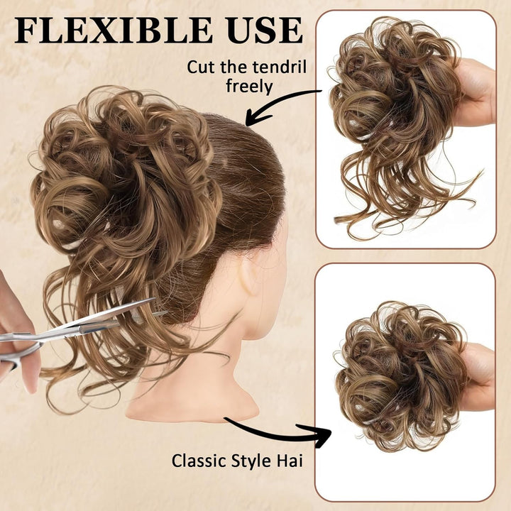Messy Bun Hair Piece, Curly Wavy Hair Buns Hair Piece - Tousled Updo Fake Hair Bun - Synthetic Messy Bun Scrunchie Hairs Pieces for Women Girls (Brown Black)