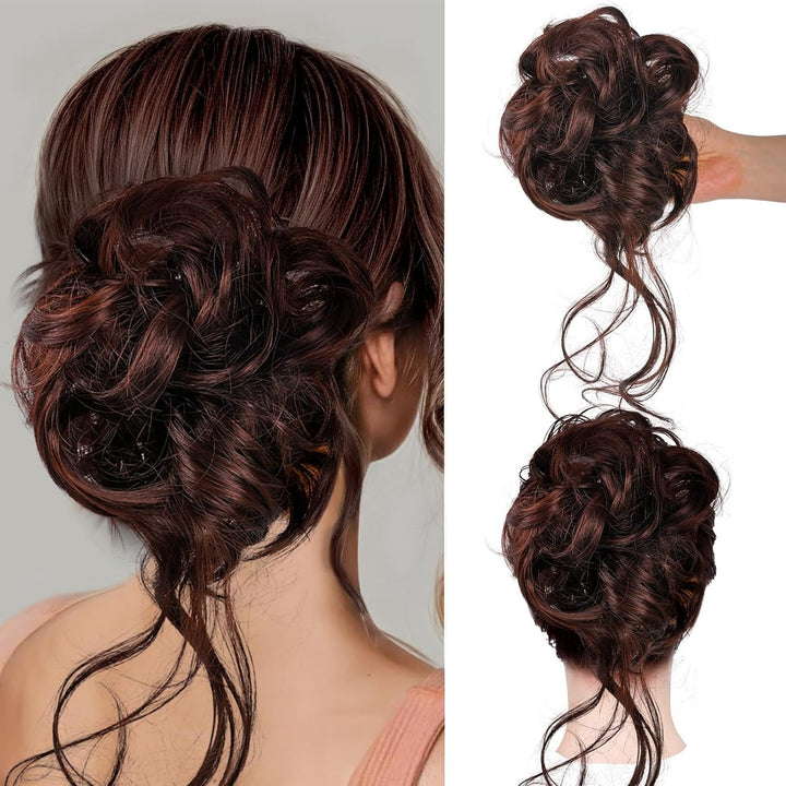 Messy Bun Hair Piece, Curly Wavy Hair Buns Hair Piece - Tousled Updo Fake Hair Bun - Synthetic Messy Bun Scrunchie Hairs Pieces for Women Girls (Brown Black)