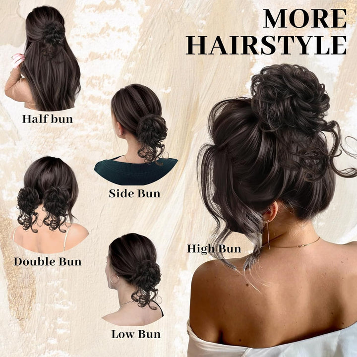 Messy Bun Hair Piece, Curly Wavy Hair Buns Hair Piece - Tousled Updo Fake Hair Bun - Synthetic Messy Bun Scrunchie Hairs Pieces for Women Girls (Brown Black)