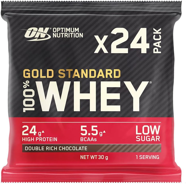 Gold Standard 100% Whey Muscle Building and Recovery Protein Powder with Naturally Occurring Glutamine and BCAA Amino Acids, Double Rich Chocolate Flavour, Pack of 24, 24 X 31G