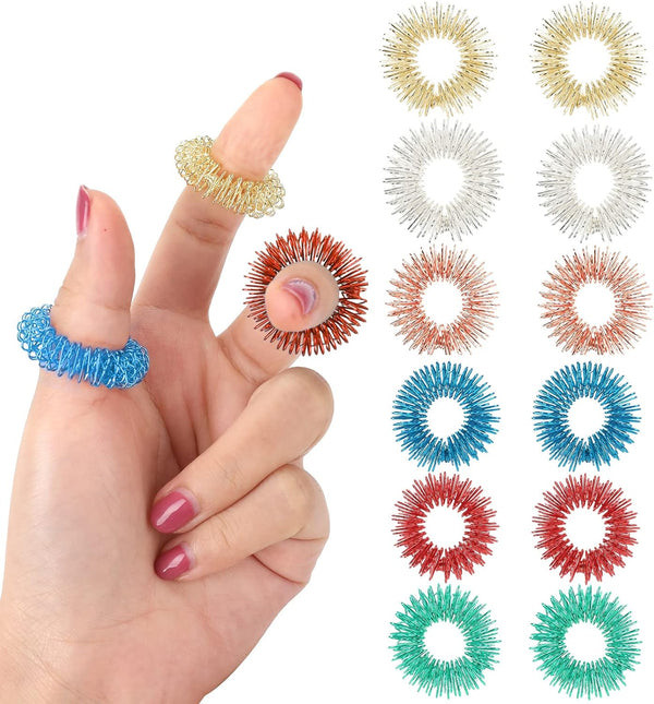 12 Pieces Acupressure Rings-Spiky Sensory Finger Rings Acupuncture Rings Fidget for Silent Stress Reducer and Massager Improves Blood Circulation