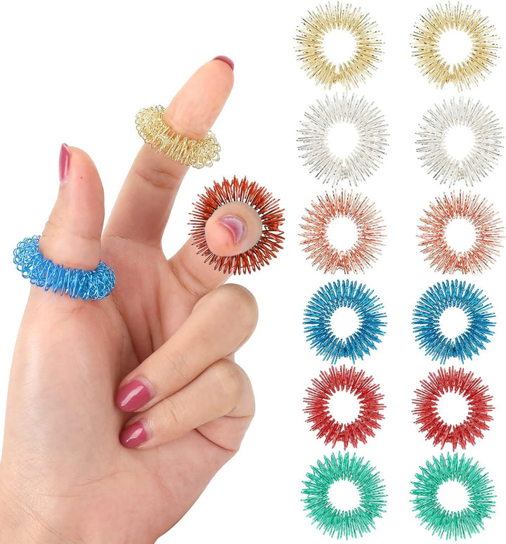 12 Pieces Acupressure Rings-Spiky Sensory Finger Rings Acupuncture Rings Fidget for Silent Stress Reducer and Massager Improves Blood Circulation