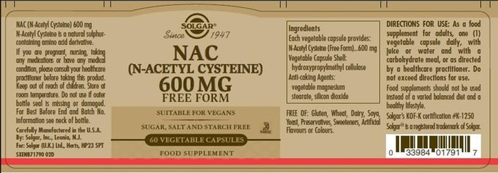 NAC (N-Acetyl-L-Cysteine) 600 Mg Vegetable Capsules - Pack of 60 - Healthy Skin, Hair and Nails - Vegan