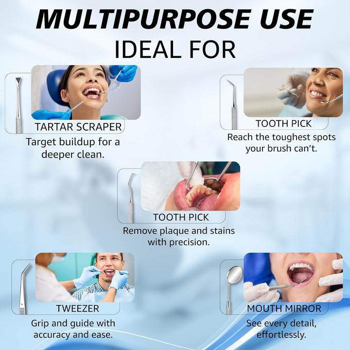 Professional 5 Pcs Oral Plaque Remover for Teeth Stainless Steel Tooth Picks Tartar Cleaner for Teeth Whitening & Oral Care Kit for Men Women Pets (5 Pcs)