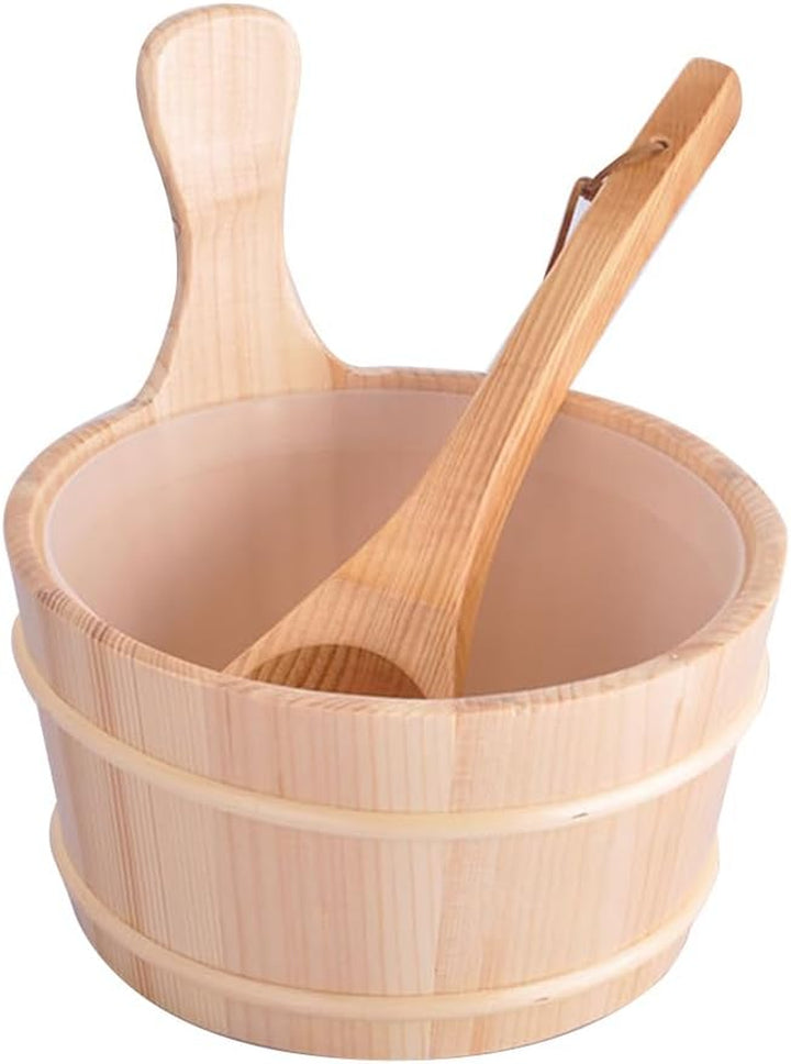 2 Pieces Sauna Wooden Bucket and Ladle Set, Sauna Accessories Kit, Wood Sauna Barrel Set, 4L Sauna Water Bucket with Handle and Spoon, Wooden Buckets Bathroom Wooden Bucket & Ladle Set