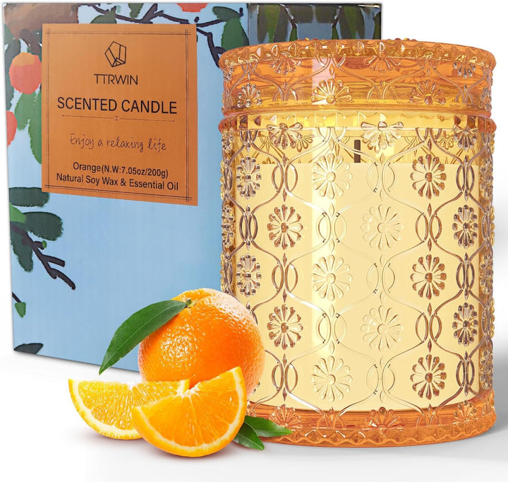 Orange Scented Candle, Refreshing Aromatherapy Home Scented, Natural Soy Wax Candles with Long Clean Burning, Gift Surprise for Yoga, SPA, Christmas, Birthday, Mother'S Day