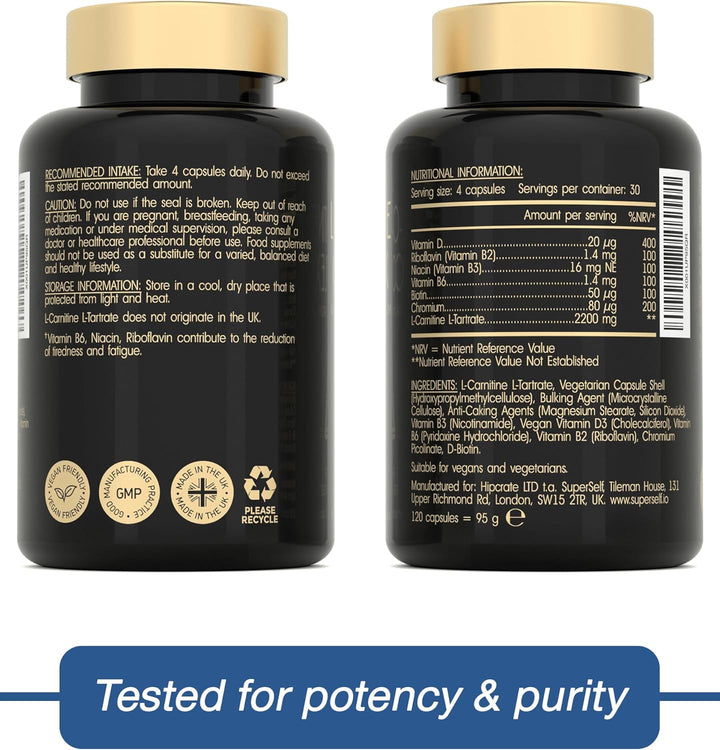 L-Carnitine Capsules 2200Mg - High Strength L-Carnitine Complex with Vitamins D & B - Pre-Workout Energy Supplement - Reduces Tiredness & Helps Metabolism - 120 Tablets - UK Made L Carnitine Tartrate