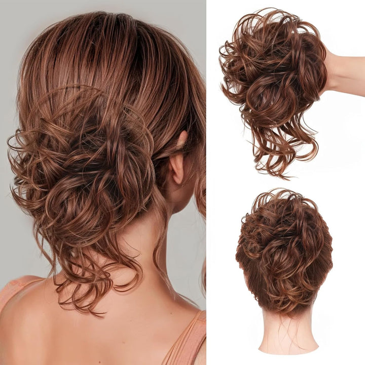 Messy Bun Hair Piece, Curly Wavy Hair Buns Hair Piece - Tousled Updo Fake Hair Bun - Synthetic Messy Bun Scrunchie Hairs Pieces for Women Girls (Brown Black)