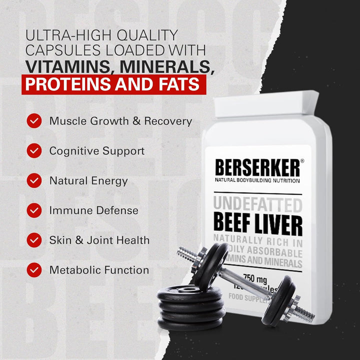 Berserker Desiccated Beef Liver Supplement 750Mg per Capsule 120 Capsules, Un-Defatted to Provide Full Absorption of Naturally Occurring Vitamins and Minerals Found in Beef Liver | Made in the UK
