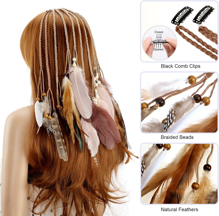 6Pcs Feather Hair Clips for Women, Bohemian Hair Extensions with Clip Comb, Indian Tassel Hemp Rope Braided Beads Headdress, Handmade Hair Accessories for Halloween Party Costume Decoration