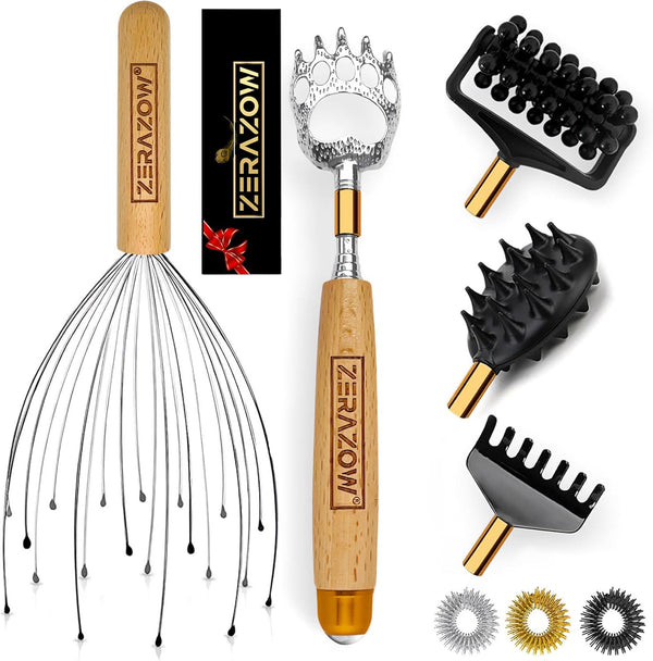 Telescoping Back Scratcher 9 Pcs Set | Backscratcher for Men & Women with 4 Detachable Heads | Scalp & Back Massager Tools | Stocking Fillers for Men | Dad Christmas Gifts | UK Brand