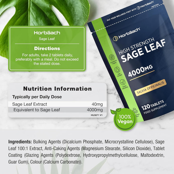 Sage Tablets for during Menopause 4000Mg | High Strength Supplement | 120 Vegan Tablets | by