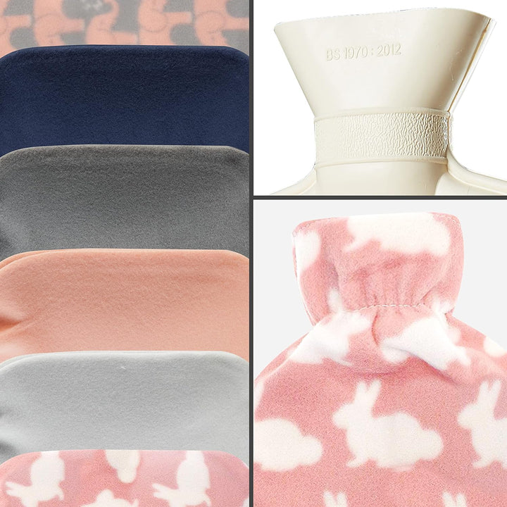 Hot Water Bottle with Soft Fleece Cover - Natural Rubber 2 Litre - British Design - UK Safe Tested