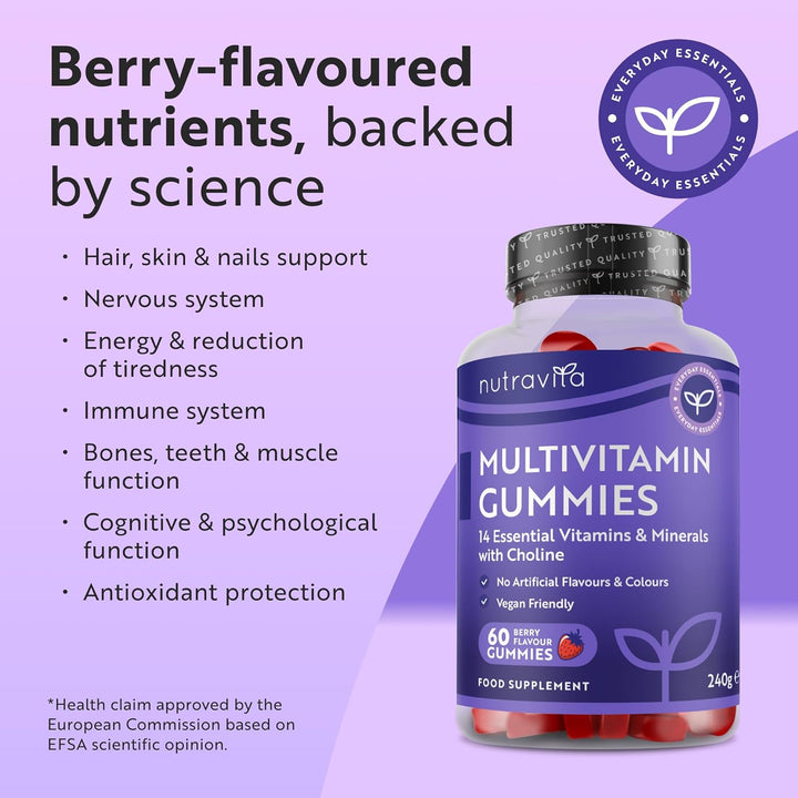 Vegan Multivitamin Gummies for Women & Men – 60 Berry Flavour Chewable Adult Multivitamins (2 Month Supply) Daily Supplement with 14 Vitamins & Minerals Incl. Vitamin C D3 B12 Biotin Zinc