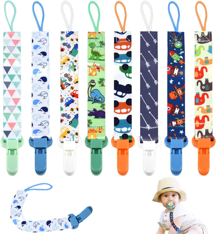 8Pcs Dummy Clip Girls, Baby Pacifier Clips Soother Clip Chains Dummy Strap Silicone Ring Adapter for All Dummies Soothers Teething Toys Newborn Essentials