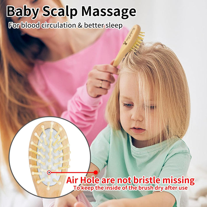 Personalized Baby Hair Brush and Comb Set for Newborn -  Wooden Toddler Hair Brush Set with Soft Goat Bristle, Baby Brush Set for Newborn, Toddler Cradle Cap Brush Perfect Baby Registry (A)