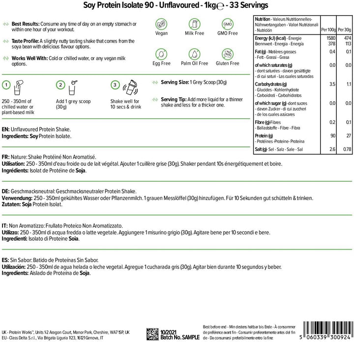 Protein Works - Vegan Soy Protein, Premium Soy Protein Isolate, Low Fat, No Added Sugar, 27G Protein, 100% Plant-Based Nutrition, Unflavoured, 33 Shakes, 1Kg