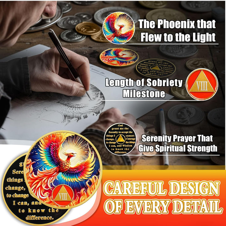 Phoenix of Light 8 Year Sobriety Coin, Rebirth in Fire AA Coin - Addiction Recovery Eignt Year Sober Medal with Token Capsule, Alcoholics Anonymous Sobriety Gifts for Men and Women